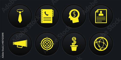 Set Megaphone, Resume, Target sport, Dollar plant in the pot, Business man planning mind and Phone book icon. Vector