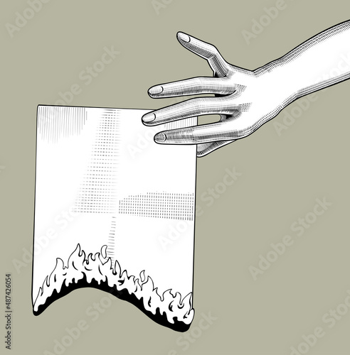 Engraved vintage drawing of a female hand holding a burning paper sheet