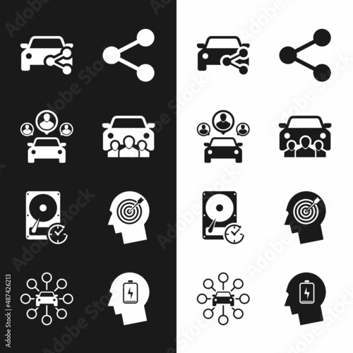 Set Car sharing, , , Share, Hard disk drive with clockwise and Head hunting concept icon. Vector