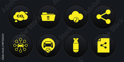 Set Car sharing, Share, , Aviation bomb, Music streaming service and Delete folder icon. Vector