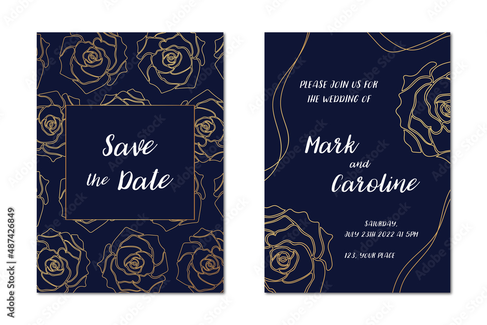 Wedding invitation cards with gold outline roses on a dark blue background. Vector illustration.