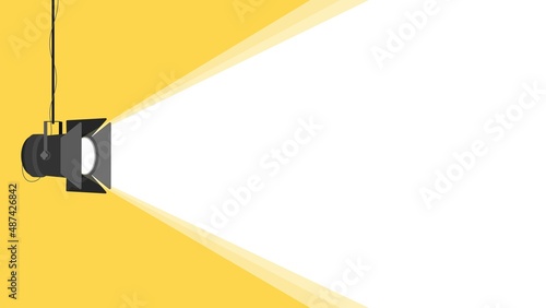 Spotlight is glowing on wall. Spotlight black silhouette icon with light scattered rays. Projector with light beam. Cinema background with place for text. Template for banner, brochure, flyer, poster.