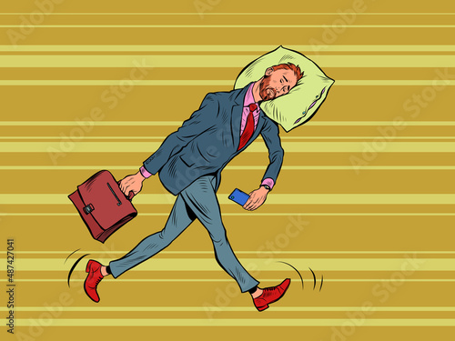 A tired businessman sleeps on the move. Goes to work in the morning with his head on a pillow