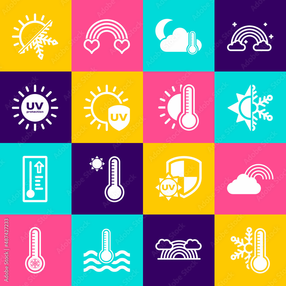 Set Thermometer with snowflake, Rainbow cloud, Sun and, moon, UV protection, and sun icon. Vector Set Thermometer with snowflake, Rainbow cloud, Sun and, moon, UV protection, and sun icon. Vector
