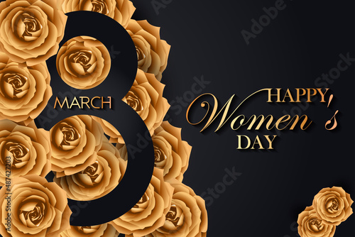 card or banner for Women's Day on March 8 in gold on a black background with gold-colored roses