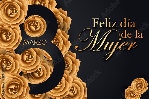tarjeta o pancarta para el Día de la Mujer el 8 de marzo en oro sobre un fondo negro con rosas doradas
