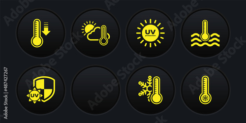 Set UV protection, Water thermometer, Rainbow with sun, Thermometer snowflake, and cloud,, Meteorology and icon. Vector