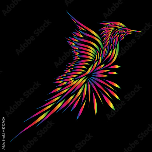 rainbow fabulous phoenix bird of paradise with elegant plumage flying flapping wings and long tail