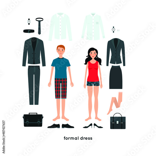 Vector set of clothes for man and woman: shirt, jacket, tie, skirt, pants, shoes, bag, wrist watch. Formal style (high coefficient of conservatism). Professional wardrobe for management and business.