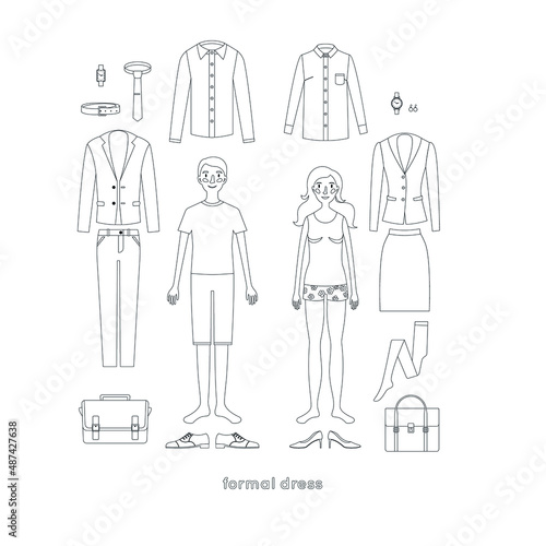 Line set of clothes for man and woman: shirt, jacket, tie, skirt, pants, shoes, bag, wrist watch. Formal style (high coefficient of conservatism). Professional wardrobe.