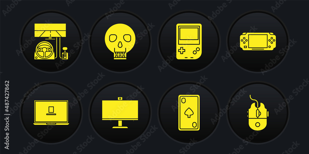 Set Laptop, Portable video game console, Computer monitor, Playing card with diamonds, Skull, mouse gaming and Racing simulator cockpit icon. Vector Set Laptop, Portable video game console, Computer monitor, Playing card with diamonds, Skull, mouse gaming and Racing simulator cockpit icon. Vector