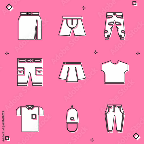 Set Skirt, Men underpants, Camouflage cargo, Short or, T-shirt, Polo and Police cap with cockade icon. Vector