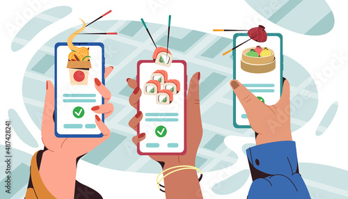 Flat human hands holding smartphone with mobile app for ordering fast food at home, office or take away. Sushi, manti and wok box with noodles quick delivery. Online service for order asian dishes.