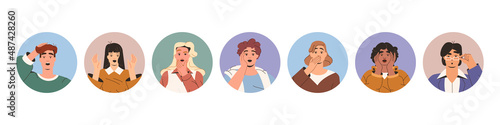 Flat set portraits of shocked scared avatar. Excited and wondered characters faces. Young people with open mouths confused or perplexed. Amazed man and woman with frightened emotions. Horrified person
