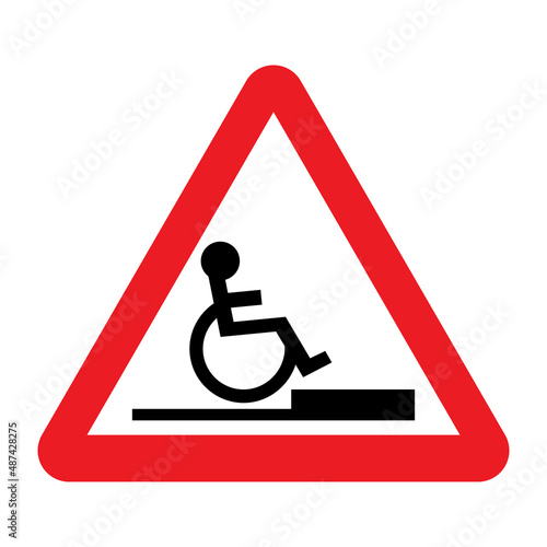 Obstacle for wheelchair warning sign. Vector illustration of red triangle sign with wheelchair in front of threshold. Risk of accident. Caution symbol. Barrier.