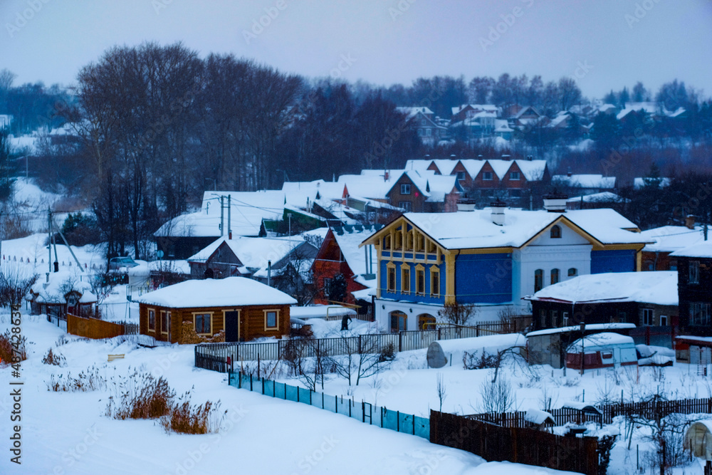 Suzdal, Russia - February, 26, 2021: landscape with the image of street in Suzdal, Russia Suzdal, Russia - February, 26, 2021: landscape with the image of street in Suzdal, Russia