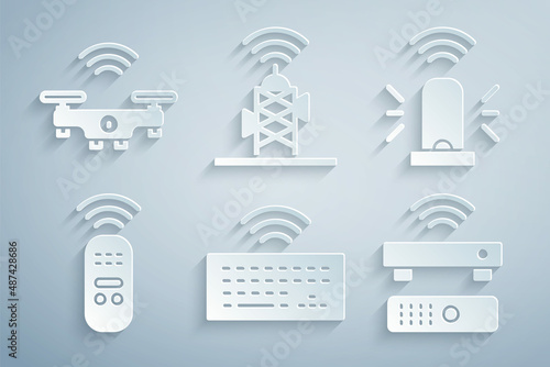 Set Wireless keyboard, Smart flasher siren, remote control, TV box receiver, antenna and drone icon. Vector