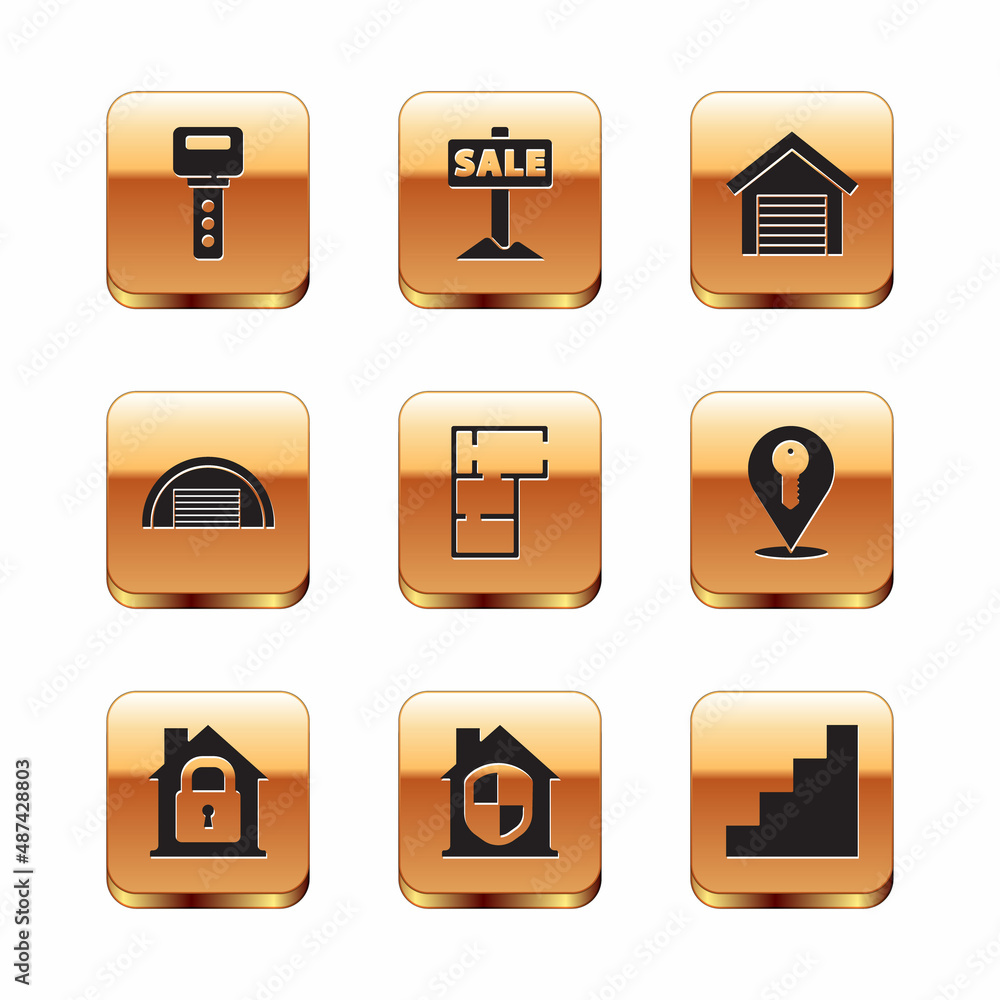 Set House key, under protection, plan, Garage, Staircase and Hanging sign with Sale icon. Vector Set House key, under protection, plan, Garage, Staircase and Hanging sign with Sale icon. Vector