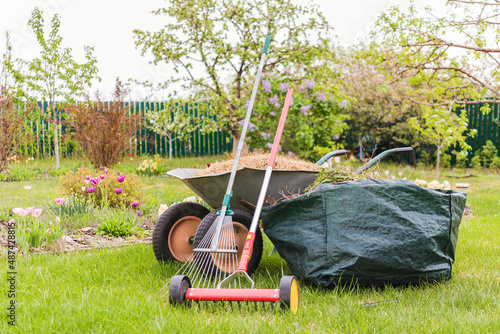 Принти на полотні Two-wheeled wheelbarrow loaded with dethatched lawn grass and a collapsible gard