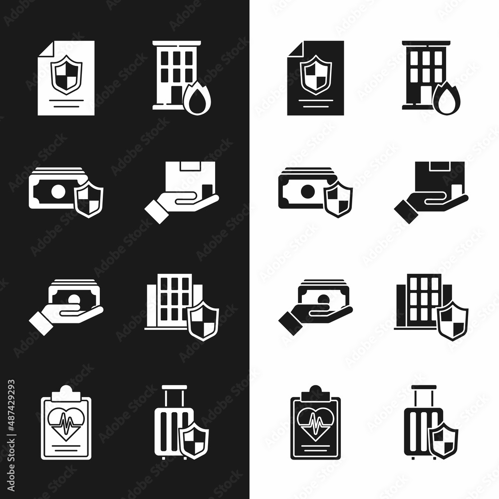 Set Delivery insurance, Money with shield, Contract, Fire burning house, Stacks paper money cash, House, Travel suitcase and Health icon. Vector Set Delivery insurance, Money with shield, Contract, Fire burning house, Stacks paper money cash, House, Travel suitcase and Health icon. Vector