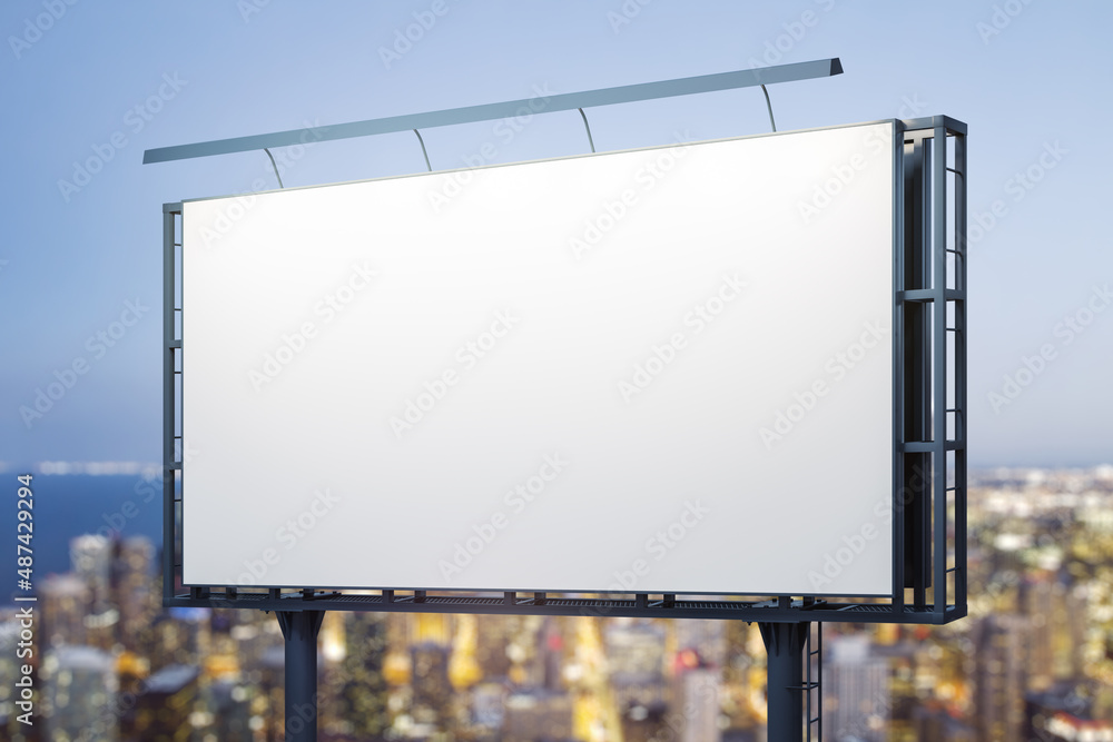 Blank white horizontal billboard on cityscape background at night, perspective view. Mockup, advertising concept Blank white horizontal billboard on cityscape background at night, perspective view. Mockup, advertising concept