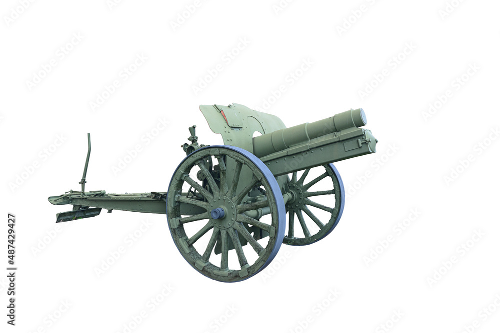 An ancient iron cannon on wheels located in the museum of weapons of the Russian city of St. Petersburg