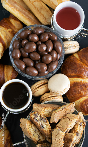 assorted breakfast food with coffee and tea