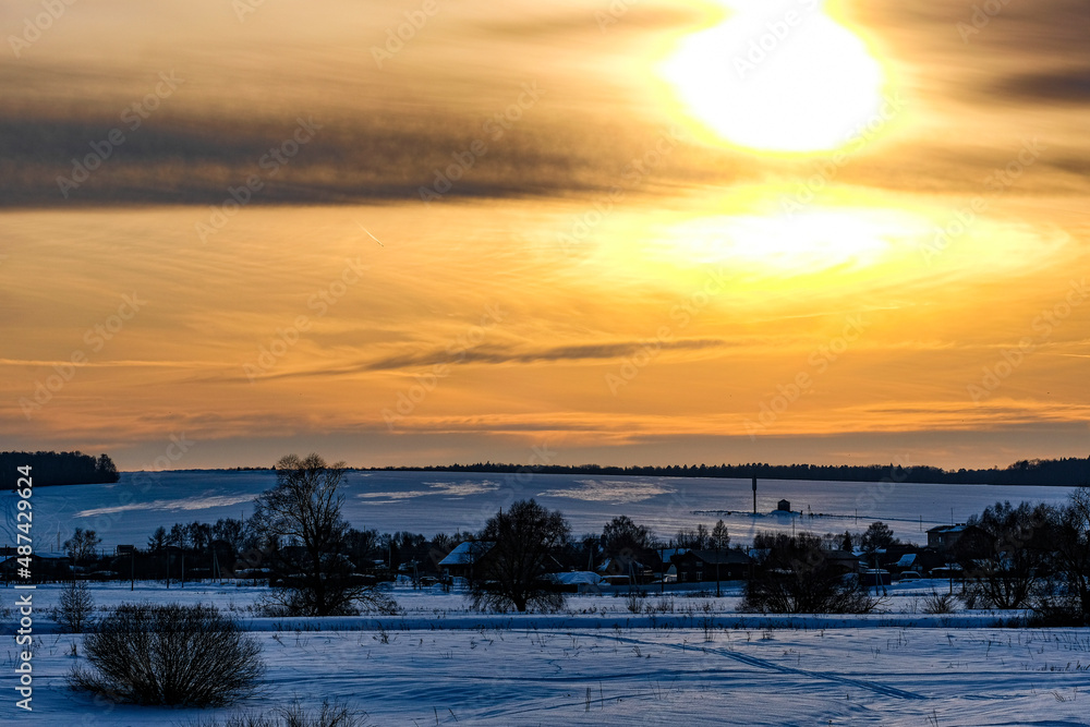 Winter russian landscape at sunset