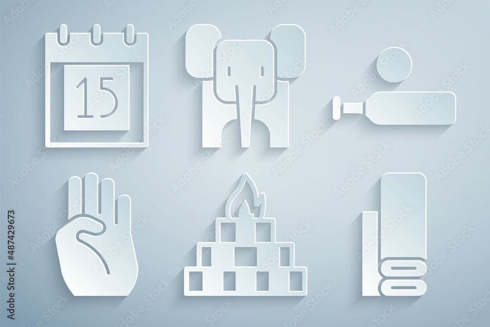 Set Yagna, Wood cricket bat and ball, Indian symbol hand, textile fabric, Elephant and Independence day icon. Vector Set Yagna, Wood cricket bat and ball, Indian symbol hand, textile fabric, Elephant and Independence day icon. Vector