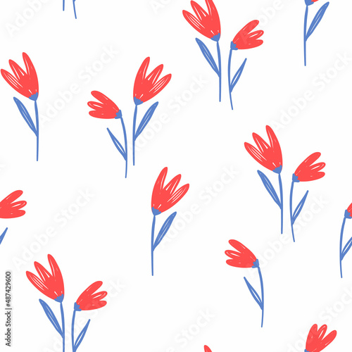 Red flowers pattern. Tender girly design for fabric and kids apparel. Tulips on the white background. 