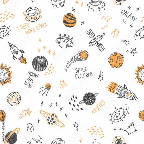 Space pattern. Doodle cosmos illustration set. Cartoon style for nursery design. Solar system sketch
