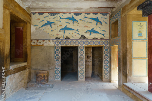 Interior with wall painting in the palace of Knossos in Crete, Greece