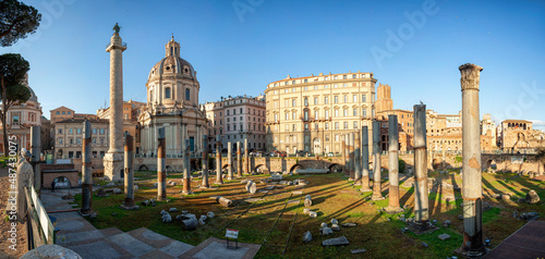 Photography Panorama of The Church of the Most Holy Name of Mary at the Trajan Forum and Trajan's Column in Rome, Italy