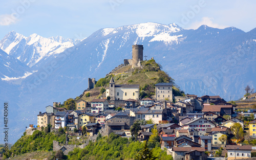 Canvastavla Saillon town in swiss Alps mountains, Switzerland