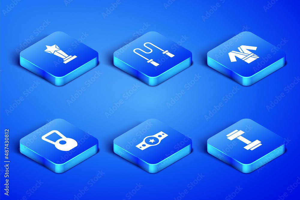 Set Dumbbell, Award cup, Boxing belt, Kettlebell, Jump rope and Japanese costume Kimono icon. Vector Set Dumbbell, Award cup, Boxing belt, Kettlebell, Jump rope and Japanese costume Kimono icon. Vector