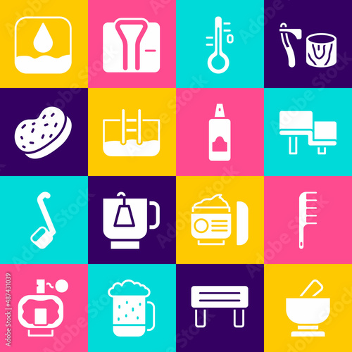 Set Mortar and pestle, Hairbrush, Sauna wood bench, thermometer, Swimming pool with ladder, Bath sponge, Water drop and Spray can for hairspray icon. Vector