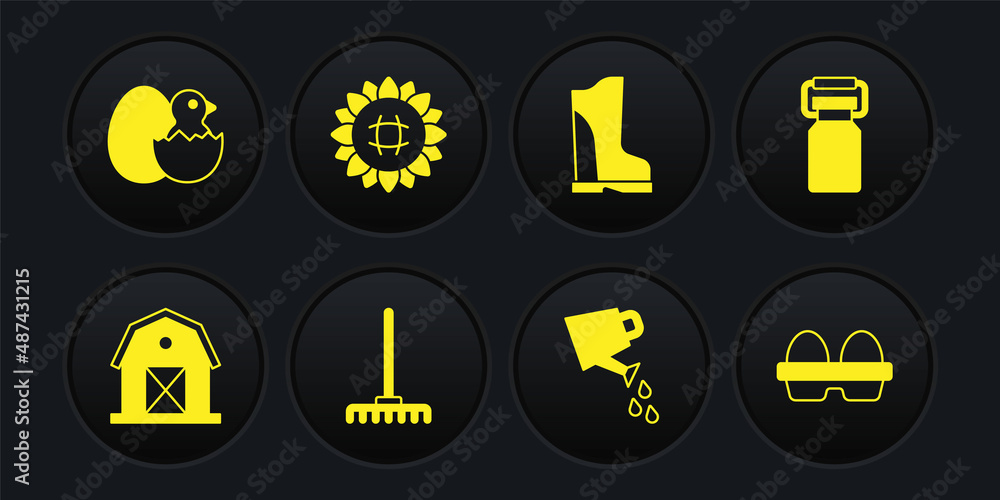 Set Farm house, Can container for milk, Garden rake, Watering can, Waterproof rubber boot, Sunflower, Chicken egg box and Little chick cracked icon. Vector