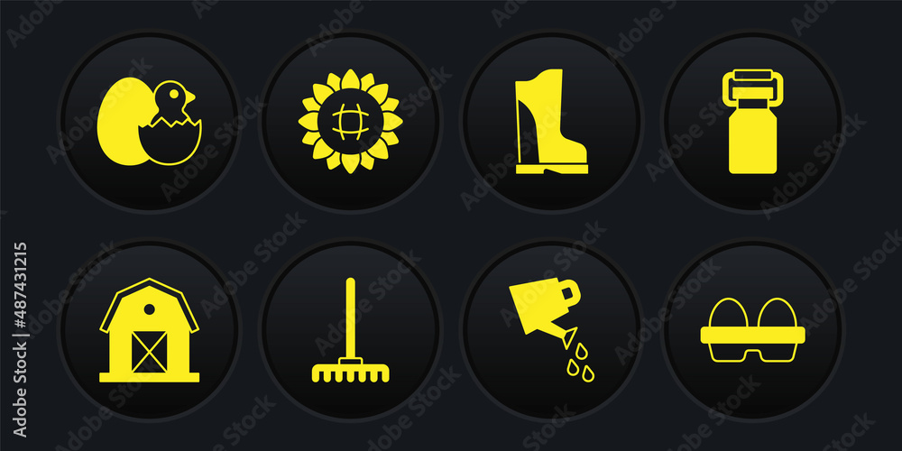 Set Farm house, Can container for milk, Garden rake, Watering can, Waterproof rubber boot, Sunflower, Chicken egg box and Little chick cracked icon. Vector Set Farm house, Can container for milk, Garden rake, Watering can, Waterproof rubber boot, Sunflower, Chicken egg box and Little chick cracked icon. Vector