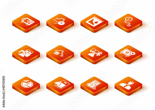 Set Dollar rate decrease, Global economic crisis, Shutdown of factory, Mobile stock trading, Stop delivery cargo truck, Worker and Safe icon. Vector