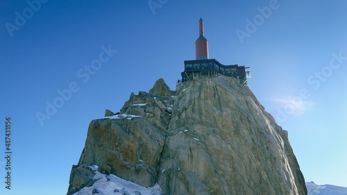 A closeup shot of the Aiguille du Midi mountain and the cable car in Rhone-Alps, France