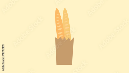bag with a baguette on a beige background, vector illustration. baguette in a paper bag, bakery food. mouth-watering products. unhealthy food. vegetable loaf