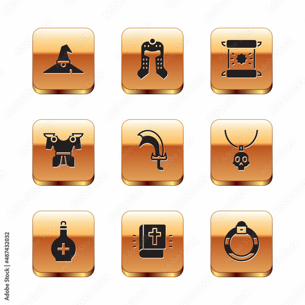 Set Witch hat, Bottle with potion, Holy bible book, Sword for game, Body armor, Decree, parchment, scroll, Magic stone ring and Medieval helmet icon. Vector Set Witch hat, Bottle with potion, Holy bible book, Sword for game, Body armor, Decree, parchment, scroll, Magic stone ring and Medieval helmet icon. Vector