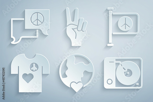 Set The heart world - love, Flag peace, Peace t-shirt print stamp, Vinyl player, symbol and Speech bubble chat icon. Vector