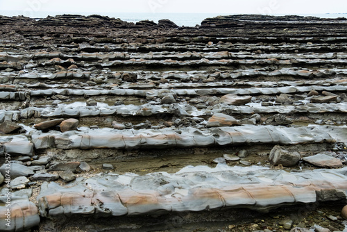 Photo basalt rock rows along the shore