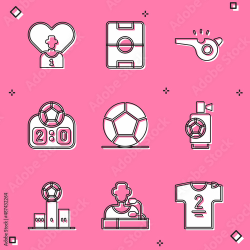 Set Football or soccer player, field, Whistle, Sport mechanical scoreboard, Soccer football, Air horn, Award over sports winner podium and press conference icon. Vector