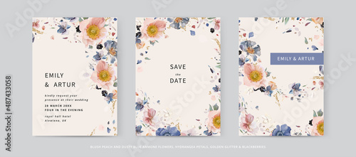 Elegant, modern floral vector watercolor wedding invite, invitation card template design. Hand drawn pink, blue anemone flowers, purple hydrangea petals, green leaves, blackberry with glitter splashes