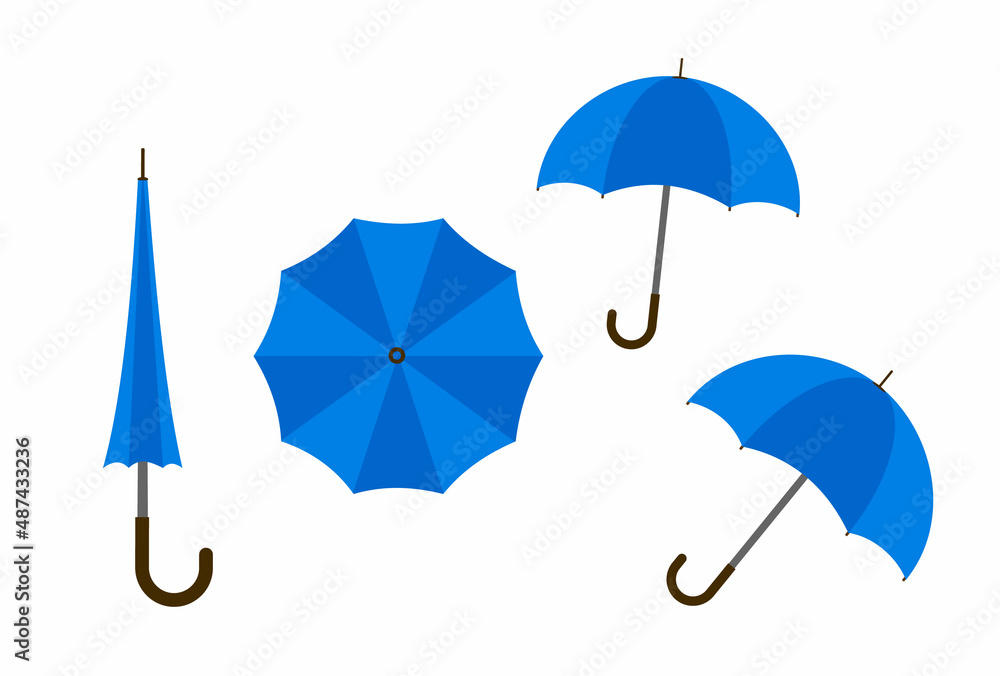 Collection of opened, folded, top view vector umbrellas
