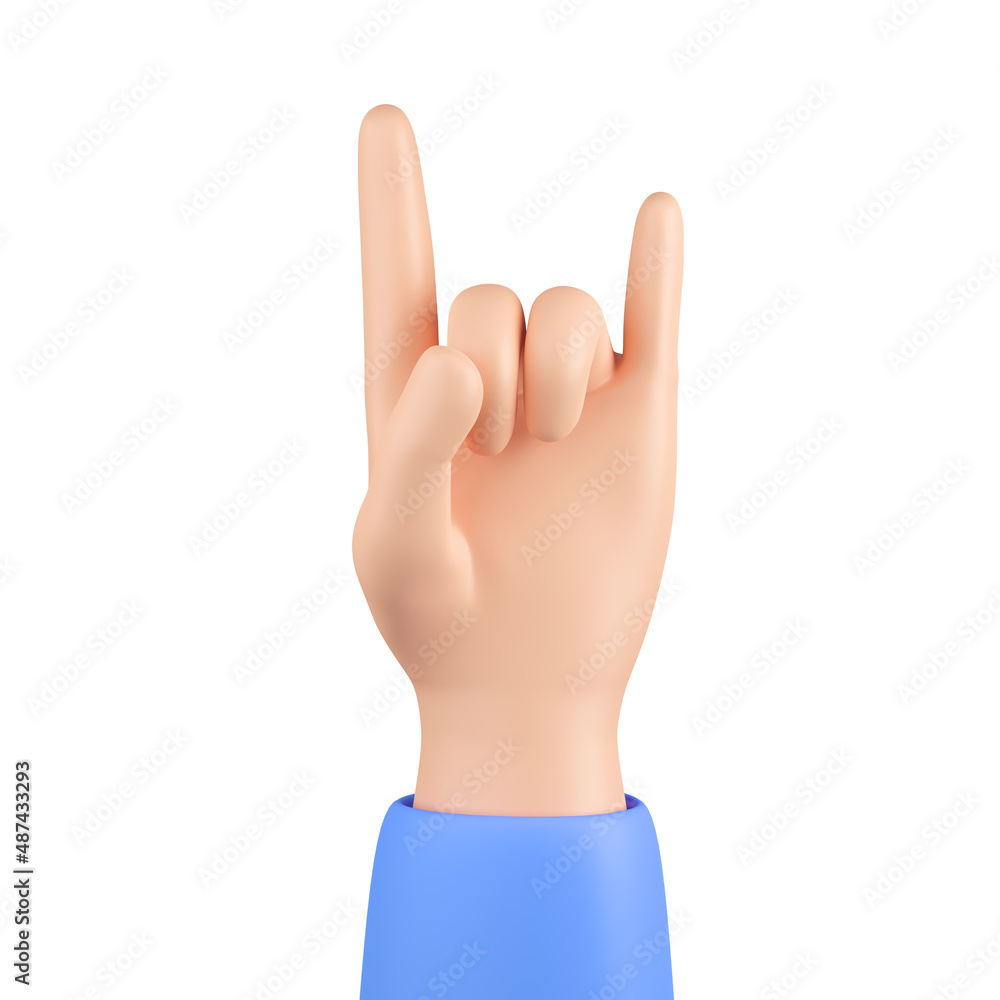 Cartoon character hand, rock gesture. Index and ring fingers up. 3d rendering Cartoon character hand, rock gesture. Index and ring fingers up. 3d rendering