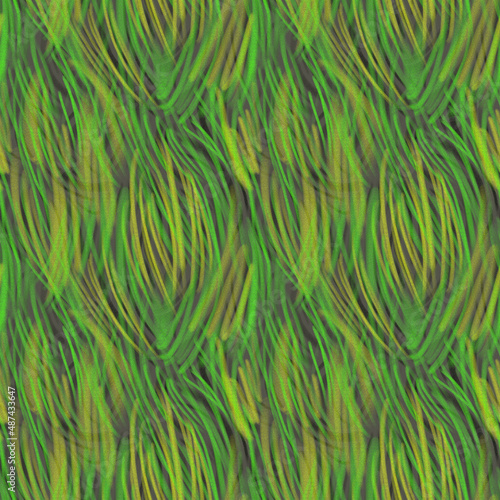 Seamless geometric pattern. Hand-drawn green ornament. Strokes, lines, strokes, stripes. Design of background, interior, wallpaper, textiles, fabric, packaging, wrappers. 