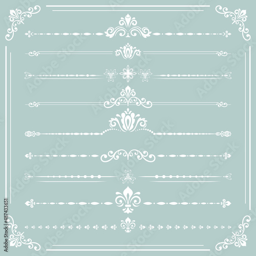 Vintage set of decorative elements. Horizontal separators in the frame. Collection of white different ornaments. Classic patterns. Set of vintage patterns